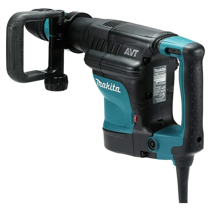 Makita Abbruchhammer HM1111C - 1.300 W, 11,2 J, SDS-Max-Aufnahme - Abgebildet ist ein Makita HM1111C Abbruchhammer, ein Elektrowerkzeug für schwere Abbrucharbeiten mit AVT-Technologie zur Vibrationsreduzierung.
