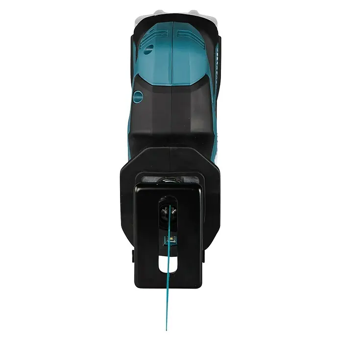 Makita LXT 18V Akku-Säbelsäge DJR189Z - 18 V, Ohne Akku - Nahaufnahme einer Akku-Stichsäge in Schwarz und Türkis mit eingesetztem Sägeblatt. Das Werkzeug ist auf dem Bild vollständig zu sehen.