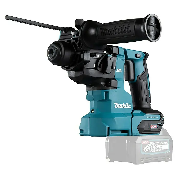 Makita XGT 40V max. Martillo combinado de batería HR010GZ - 40 V, Sin batería, 2,1 J - Imagen de un martillo rotativo inalámbrico Makita con una batería de 40 V. El martillo rotativo es turquesa y negro y tiene un mango auxiliar.