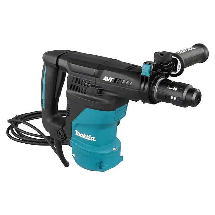Makita Martillo combinado HR3012FCJ - 1.050 W, 3,9 J, Alojamiento SDS-Plus - En la imagen se muestra un martillo perforador Makita, con cuerpo azul y negro y cable, ideal para trabajos de perforación pesados.