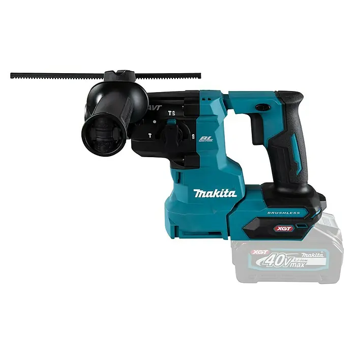 Makita XGT 40V max. Martillo combinado de batería HR010GZ - 40 V, Sin batería, 2,1 J - Imagen de un taladro percutor inalámbrico Makita, con un cuerpo azul y un mango negro, adecuado para tareas de perforación pesadas.