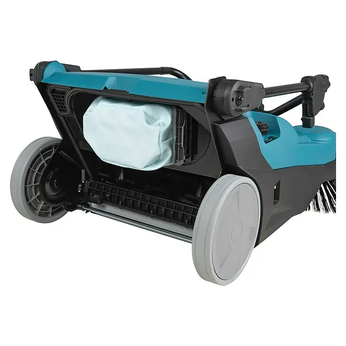 Makita XGT 40V max. Akku-Handkehrmaschine VS001GZ - 40 V, Arbeitsbreite: 650 mm, 24 l - Ein blauer und schwarzer Handkehrer mit Rädern und einem Auffangbehälter für Schmutz und Abfall, ideal für die Reinigung von Außenbereichen.