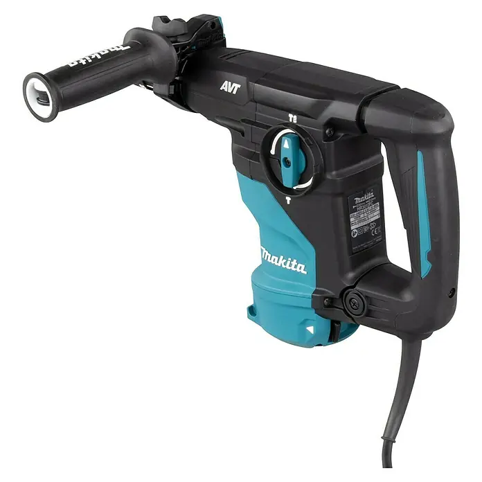 Makita Martillo combinado HR3012FCJ - 1.050 W, 3,9 J, Alojamiento SDS-Plus - Se muestra un martillo rotativo Makita HR3210C con AVT, perfecto para trabajos precisos de perforación y demolición, con diseño ergonómico.