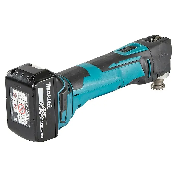 Makita LXT 18V Multiherramienta de batería DTM51 - 18 V, 1 batería, 5 Ah - Imagen de una herramienta multifunción inalámbrica Makita. Esta versátil herramienta es ideal para diversas tareas de corte, lijado y raspado.