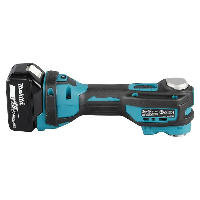Makita LXT 18V Multiherramienta de batería DTM52RTJX2 - 18 V, 1 batería - Herramienta multifunción inalámbrica Makita DTM52 en negro y turquesa con batería de 18V, ideal para diversos trabajos de construcción y renovación.