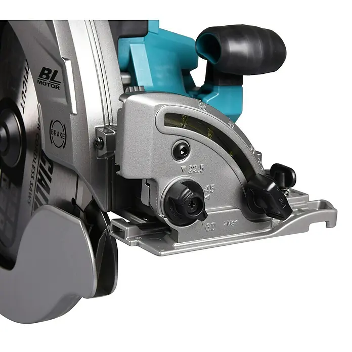 Makita XGT 40V max. Akku-Handkreissäge HS011GZ - 40 V, Ohne Akku, Durchmesser Sägeblatt: 260 mm - 270 mm, 3.500 U/min - Detailaufnahme einer Makita Akku-Handkreissäge mit präzisen Winkel- und Tiefeneinstellungen für professionelle Holzarbeiten.
