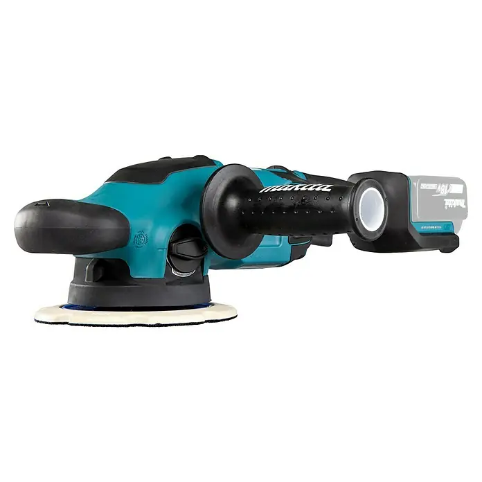 Makita LXT 18V Akku-Exzenterpolierer DPO600Z - 18 V, Ohne Akku, Durchmesser Polierteller: 150 mm - Akkubetriebener Exzenterschleifer von Makita mit Griff für präzises Polieren und Schleifen von Oberflächen in Werkstätten und Baustellen.