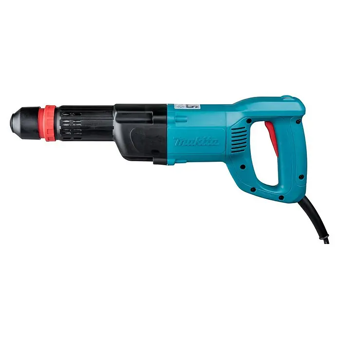 Makita Martillo combinado HK0500 - 550 W, 1,8 J, Alojamiento SDS-Plus - Primer plano de un martillo demoledor Makita turquesa y negro con detalle rojo, ideal para trabajos de demolición pesados.