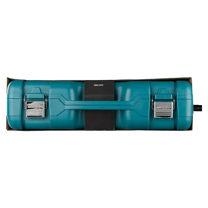 Makita Kombihammer HR3210FCT - 850 W, 4,9 J, SDS-Plus-Aufnahme - Makita Werkzeugkoffer in Türkis mit silbernen Verschlüssen und Griff, verpackt in einem Karton für sicheren Transport und Lagerung.