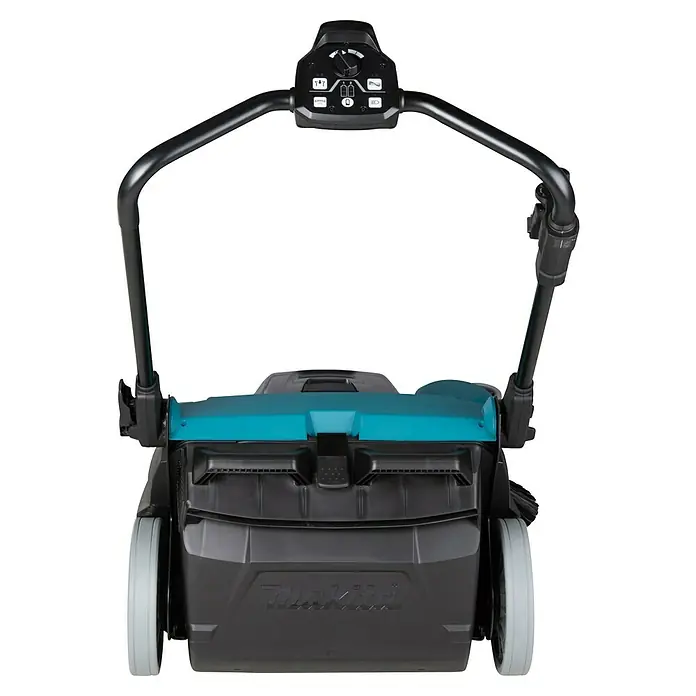 Makita XGT 40V max. Akku-Handkehrmaschine VS001GZ - 40 V, Arbeitsbreite: 650 mm, 24 l - Nahaufnahme eines Makita Rasenmähers mit Bedienelementen am Griff für einfache Steuerung und komfortables Mähen.