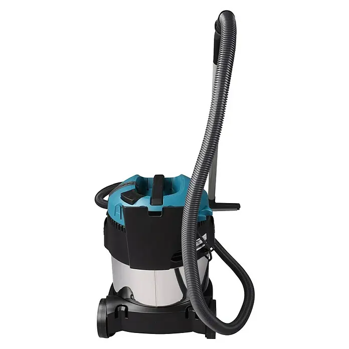 Makita Aspirador en seco y húmedo VC2012L - 1.000 W, 20 l - Vista lateral de un aspirador de líquidos y sólidos con cuerpo azul y negro, depósito de acero inoxidable y manguera flexible.