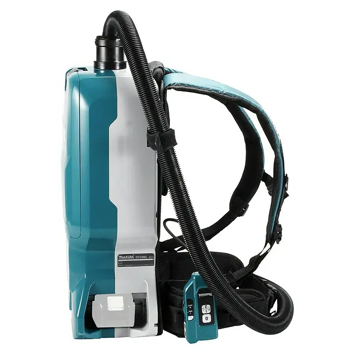 Makita LXT 18V Aspiradora con mochila de batería DVC665ZU - 36 V, Sin batería, Volumen de recipiente: 6 l, Con bolsa - Vista lateral de la aspiradora de mochila inalámbrica Makita DVC665 turquesa y blanca con manguera y correas negras.