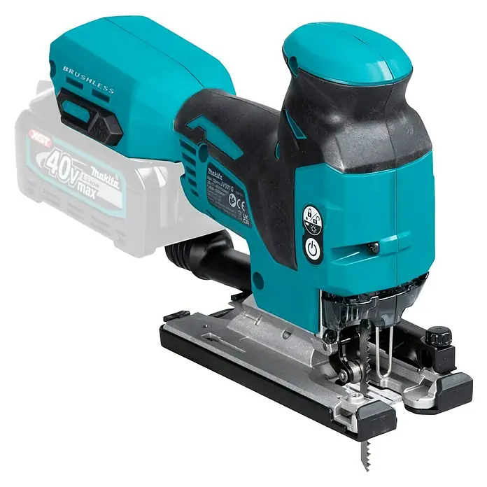 Makita XGT 40V max. Akku-Pendelhubstichsäge JV001GZ - 40 V, Ohne Akku, Leerlaufhubzahl: 800 /min - 3.500 /min - Nahaufnahme einer Makita JV001G Akku-Stichsäge mit bürstenlosem Motor und 40V Akku, ideal für präzise Holzarbeiten.