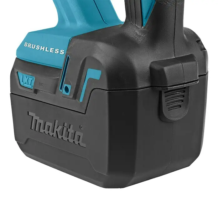 Makita LXT 18V Akku-Rührwerk DUT130Z - 18 V, Ohne Akku - Nahaufnahme eines Makita Akku-Werkzeugs mit der Aufschrift "Brushless" und dem Makita-Logo auf dem schwarzen Akkupack.