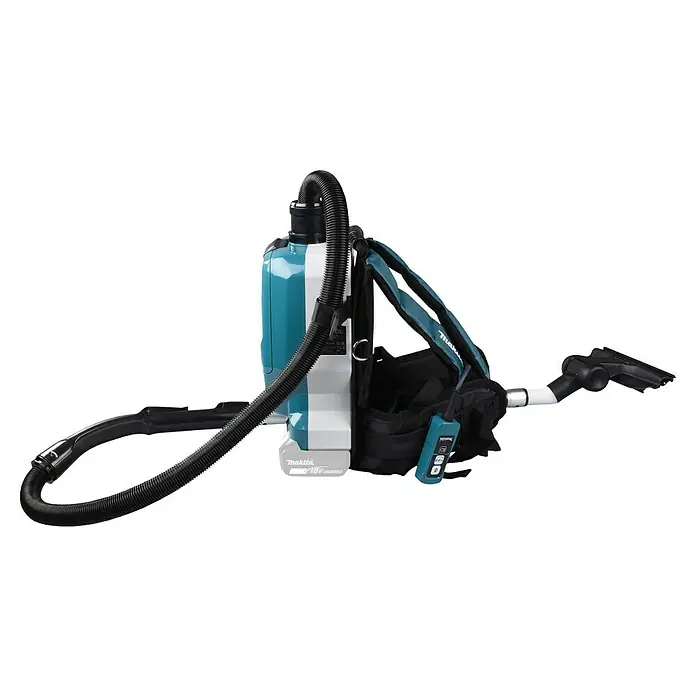 Makita LXT 18V Aspiradora con mochila de batería DVC261ZX15 - 36 V, Sin batería, Volumen de recipiente: 2 l - La imagen muestra una aspiradora de mochila inalámbrica de Makita en turquesa y negro. La aspiradora está equipada con una manguera y accesorios.