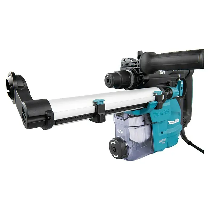 Makita Kombihammer HR3011FCJ - 1.050 W, 3,9 J, SDS-Plus-Aufnahme - Eine Makita DHR283ZJU Akku-Bohrmaschine mit Staubabsaugung. Das Gerät ist blaugrün und schwarz mit einem weißen Staubbehälter.