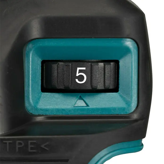 Makita LXT 18V Akku-Pendelhubstichsäge DJV184Z - 18 V, Li-Ionen, Anzahl Akkus: Ohne Akku, Leerlaufhubzahl: 0 /min - 3.000 /min - Nahaufnahme eines Makita-Werkzeugs mit einem Drehknopf auf Stufe 5, um Präzision und Kontrolle bei verschiedenen Anwendungen zu gewährleisten.