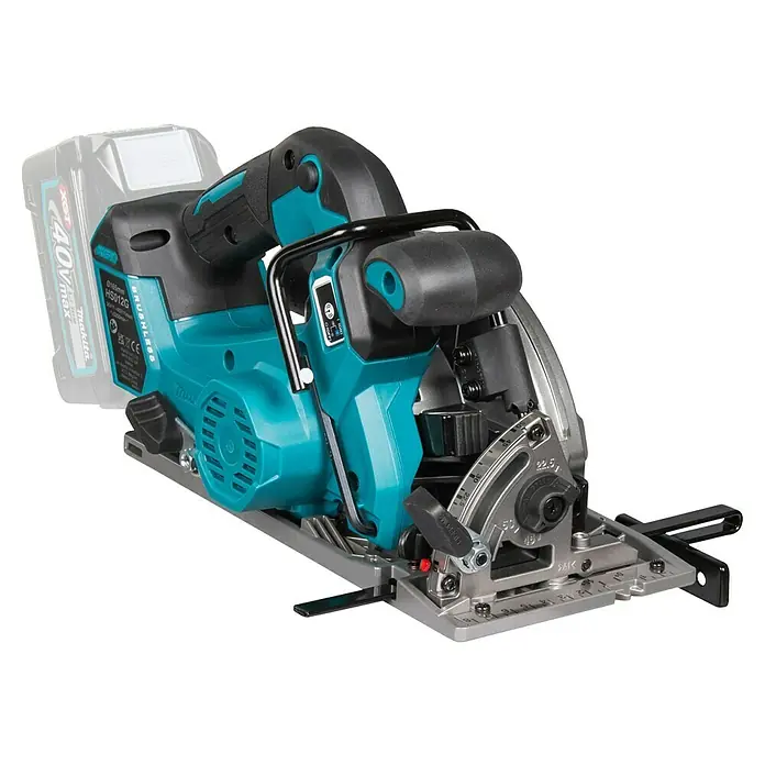 Makita XGT 40V max. Akku-Handkreissäge HS012GZ - 40 V, Ohne Akku, Durchmesser Sägeblatt: 165 mm, 0 U/min - 5.200 U/min - Nahaufnahme einer Makita HS012G Akku-Handkreissäge, die Leistung und Präzision vereint. Ideal für professionelle Holzarbeiten.