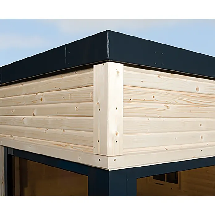 Weka Gartenhaus Cubilis 2.0 - Außenmaß inkl. Dachüberstand (B x T): 388 x 394 cm, Holz, Natur - Nahaufnahme eines Holzgartenhauses mit markantem, modernem Design und präziser Verarbeitung für eine stilvolle Gartengestaltung.