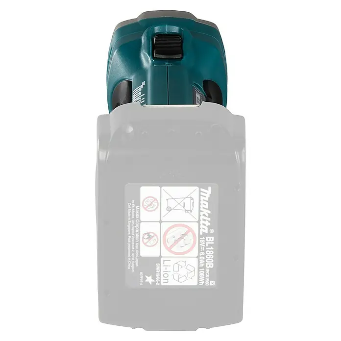 Makita LXT 18V Akku-Blechschere DJS161Z - 18 V, Ohne Akku, Leerlaufhubzahl: 4.300 /min - Nahaufnahme eines Makita BL1860B Akkus mit 18V und 6.0Ah, ideal für kabellose Elektrowerkzeuge. Leistungsstark und zuverlässig für lange Einsatzzeiten.