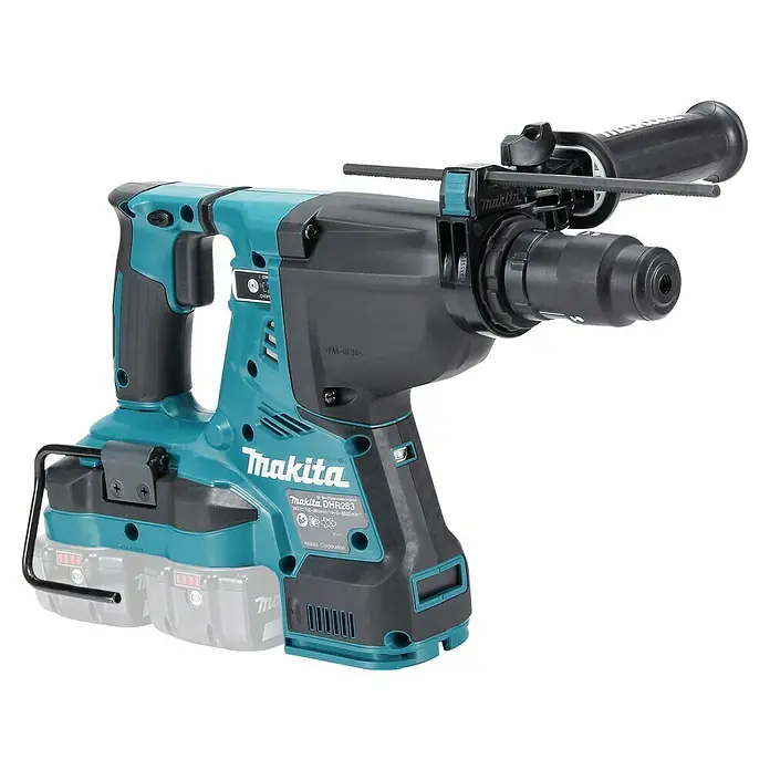 Makita LXT 18V Akku-Kombihammer DHR283ZJU - 36 V, Ohne Akku, 2,8 J, Inkl. Koffer - Abbildung eines Makita DHR283 Akku-Bohrhammers mit blaugrünem Gehäuse und schwarzem Bohrkopf sowie einem Hilfsgriff.