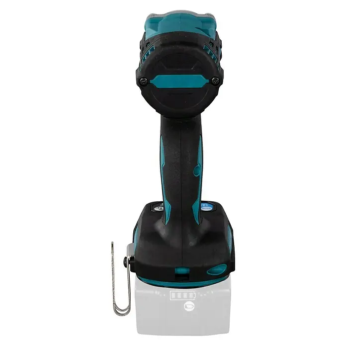 Makita LXT 18V Akku-Schlagschrauber DTW301Z - 18 V, Ohne Akku, 330 Nm - Detailaufnahme eines Akku-Bohrschraubers in Schwarz und Türkis. Das Werkzeug ist robust und für verschiedene Schraubarbeiten geeignet.