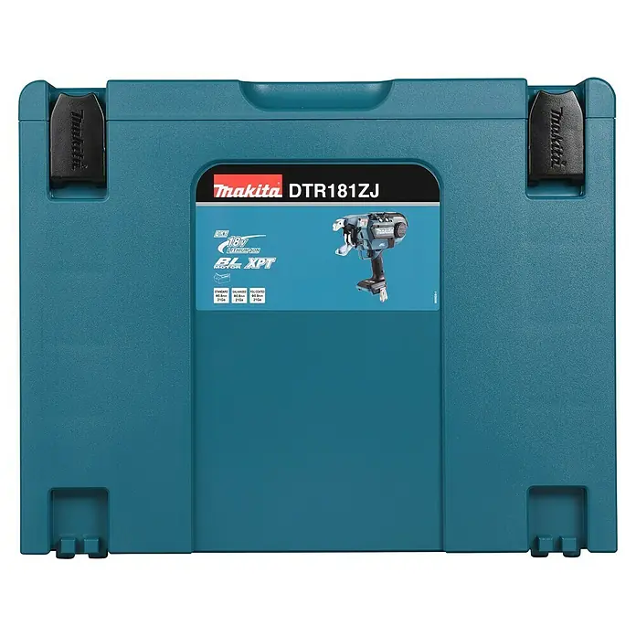 Makita LXT 18V Akku-Bewehrungsverbinder DTR181ZJ - 18 V, Ohne Akku - Bild einer blauen Makita DTR181ZJ Akku-Trockenbauschrauber-Box mit dem Werkzeugbild und Markennamen drauf.