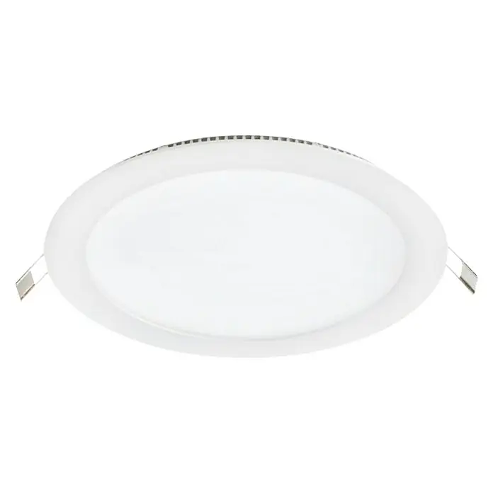 Downlight LED empotrable Epistar - 18 W, Ø x Al: 20,5 x 1 cm, Blanco, Blanco neutro - Primer plano de una lámpara de techo LED redonda y blanca con clips metálicos. Es elegante, moderna y ofrece una solución de iluminación brillante.