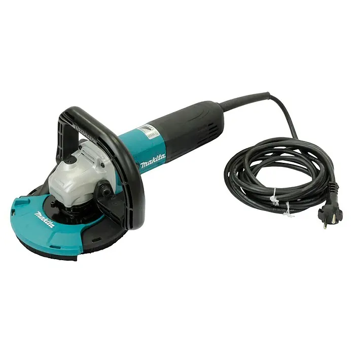 Makita Betonschleifer PC5010C - 1.400 W, Leerlaufdrehzahl: 4.000 U/min - 9.000 U/min - Nahaufnahme eines Makita Mauernutfräse, einem Elektrowerkzeug zum Erstellen von Schlitzen in Mauerwerk, mit Kabel und Griff.