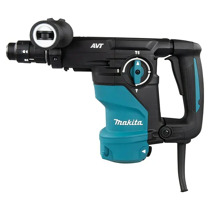 Makita Martillo combinado HR3012FCJ - 1.050 W, 3,9 J, Alojamiento SDS-Plus - Imagen de un martillo demoledor Makita AVT, vista lateral. La herramienta es negra y turquesa y parece adecuada para trabajos pesados de demolición.