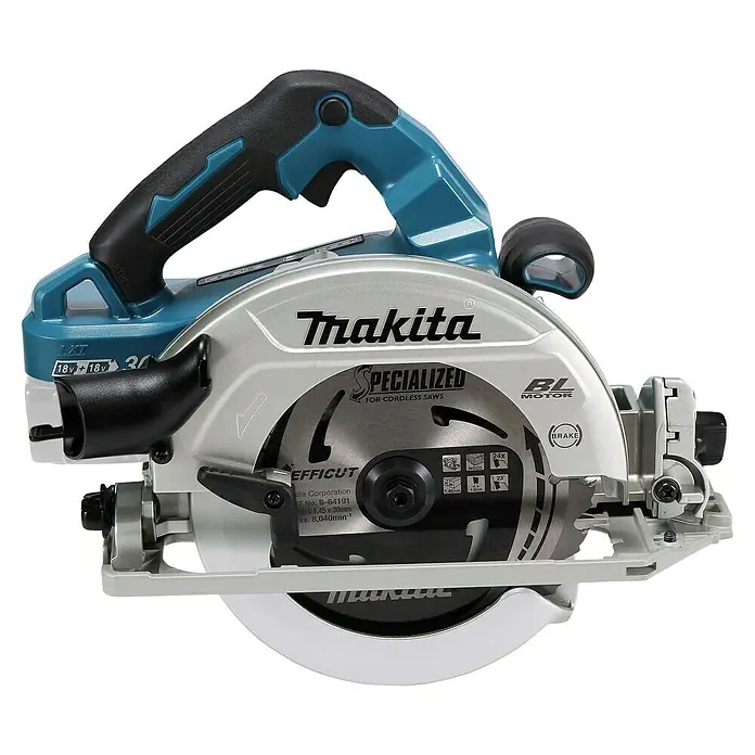 Makita LXT 18V Sierra circular de batería DHS782ZJ - 18 V, Sin batería, Diámetro hoja de sierra: 190 mm, 6.000 r.p.m. - Primer plano de una sierra circular inalámbrica Makita con mango azul y negro, carcasa plateada y hoja "SPECIALIZED".