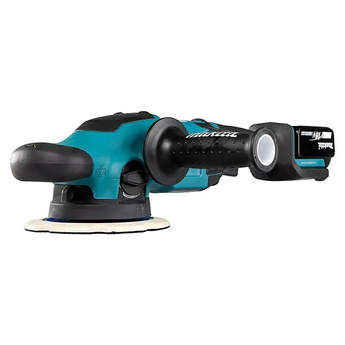 Makita LXT 18V Akku-Exzenterpolierer DPO600TKX1 - 2 Akkus, 5 Ah - Nahaufnahme eines Makita Akku-Polierers in Türkis und Schwarz.