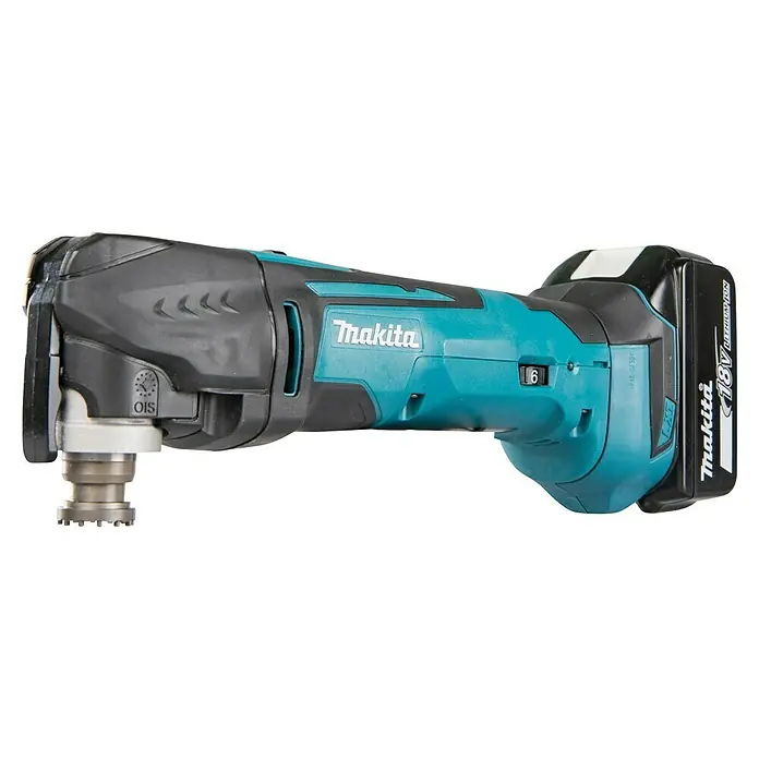 Makita LXT 18V Multiherramienta de batería DTM51 - 18 V, 1 batería, 5 Ah - Imagen de una multiherramienta inalámbrica Makita con detalles en verde azulado y negro. Compacta, inalámbrica y versátil para diversas aplicaciones.