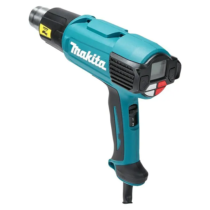 Makita Pistola de aire caliente HG6531C - 2.000 W, Rango de temperaturas: 50 °C - 650 °C - Imagen de una pistola de calor Makita, una herramienta profesional utilizada para calentar, doblar o remover materiales.