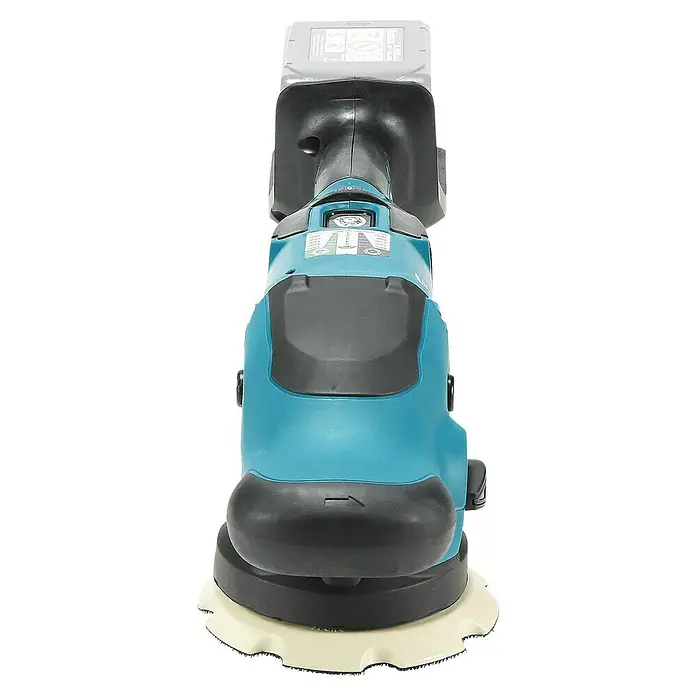 Makita LXT 18V Akku-Exzenterpolierer DPO500Z - 18 V, Ohne Akku - Nahaufnahme eines Makita Akku-Exzenterschleifers mit Schleifscheibe für effektives Schleifen.