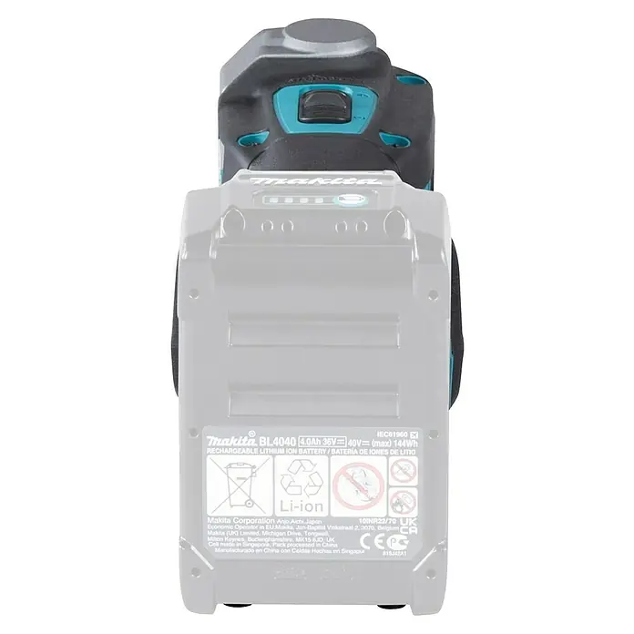 Makita XGT 40V max. Multiherramienta de batería TM001G - 40 V, Sin batería - Vista detallada de una batería Makita BL4040, una batería recargable de iones de litio con 4.0Ah, 36V y 40V, ideal para herramientas inalámbricas.