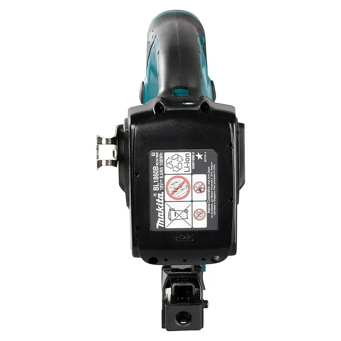 Makita LXT 18V Akku-Tacker DST221RTJ - 18 V, 2 Akkus, 5 Ah - Detailaufnahme einer Makita Akku-Bohrmaschine mit Fokus auf den Akku und die zugehörigen Spezifikationen.