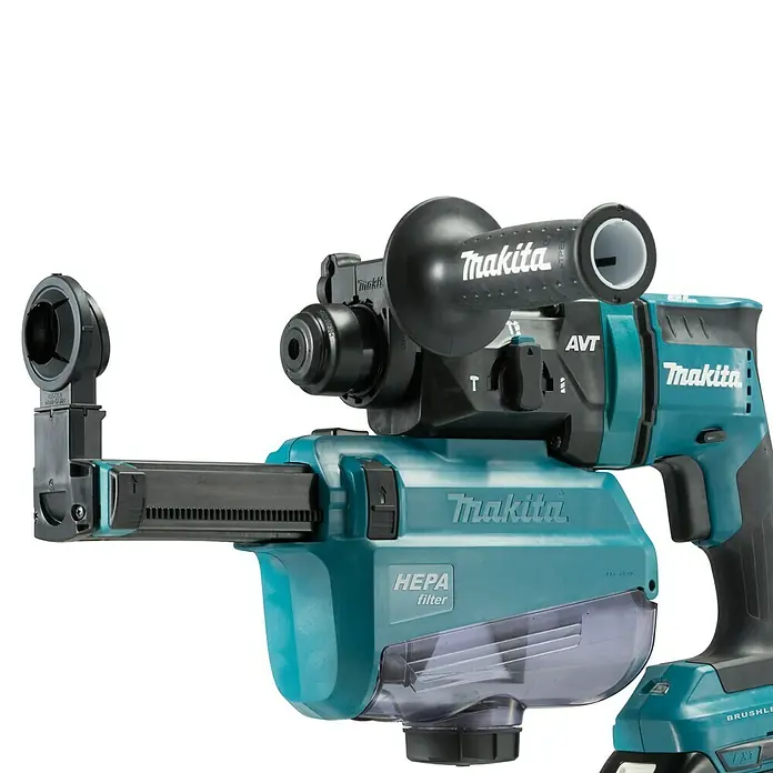 Makita LXT 18V Akku-Kombihammer DHR182Z - 18 V, Ohne Akku, 1,7 J - Türkiser und schwarzer Makita Bohrhammer mit integrierter Staubabsaugung und HEPA-Filter, seitlich abgebildet.