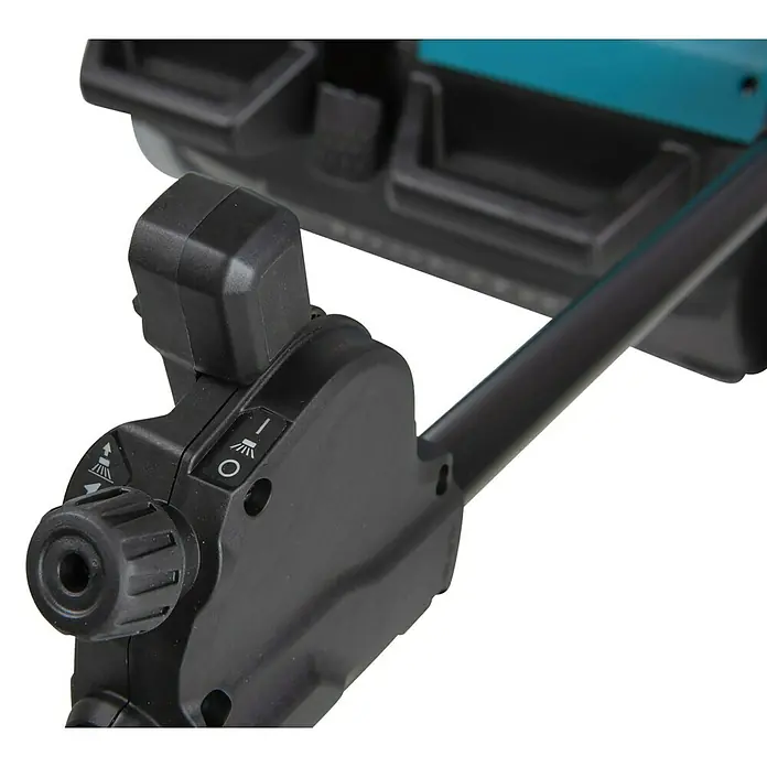 Makita XGT 40V max. Akku-Handkehrmaschine VS001GZ - 40 V, Arbeitsbreite: 650 mm, 24 l - Detailaufnahme eines Bewässerungsgeräts mit Fokus auf den Einstellknopf für die Sprühfunktion.