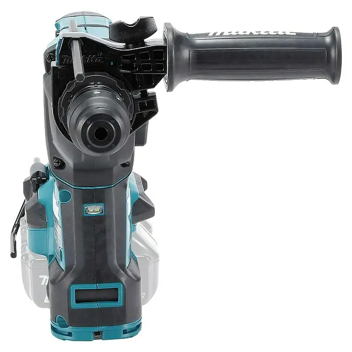 Makita LXT 18V Akku-Kombihammer DHR283ZJU - 36 V, Ohne Akku, 2,8 J, Inkl. Koffer - Nahaufnahme einer Makita Akku-Bohrmaschine in Türkis und Schwarz. Ideal für Bauarbeiten und Heimwerkerprojekte.