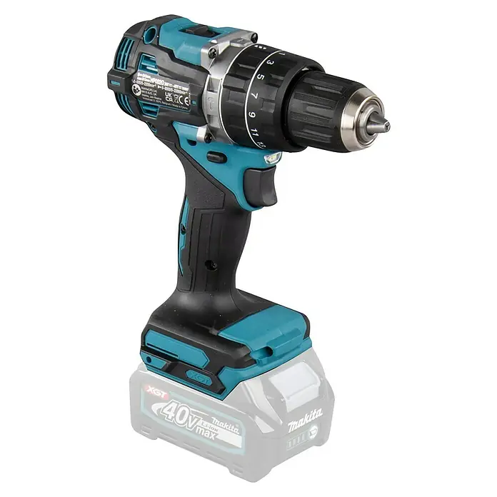 Makita XGT 40V max. Taladro atornillador percutor de batería HP002GZ - 40 V, Sin batería, 64 Nm - Taladro percutor inalámbrico Makita con diseño azul y negro que ofrece control de velocidad para un trabajo preciso. Potente y versátil.
