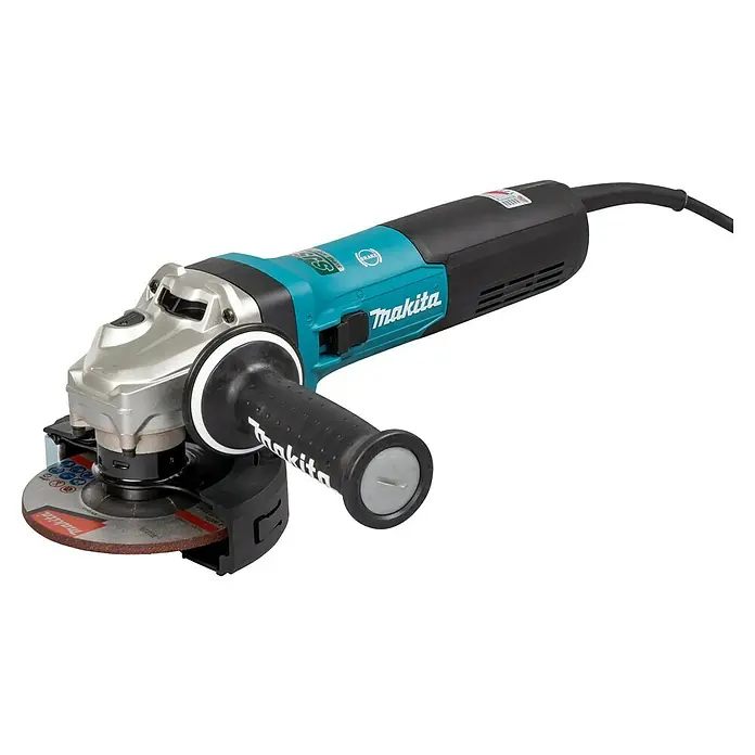 Makita Amoladora angular eléctrica GA5091 - 1.900 W, Diámetro disco: 125 mm, Número de revoluciones de marcha en vacío: 11.500 r.p.m. - Primer plano de una amoladora angular Makita, ideal para amolar y cortar con precisión y potencia.