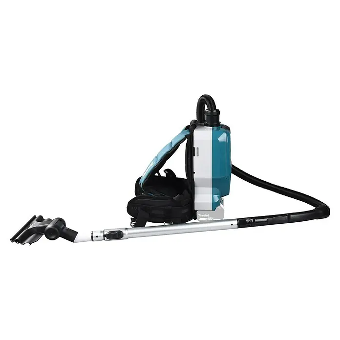 Makita LXT 18V Aspiradora con mochila de batería DVC261ZX15 - 36 V, Sin batería, Volumen de recipiente: 2 l - Imagen de una aspiradora de mochila inalámbrica Makita, ideal para tareas de limpieza y cómoda de llevar para un uso prolongado.