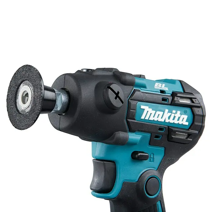 Makita LXT 18V Akku-Polierschleifer DPV300Z - 18 V, Ohne Akku, Leerlaufdrehzahl: 9.500 U/min - Nahaufnahme eines Makita-Elektrowerkzeugs mit Schleifscheibe, ideal zum Polieren und Schleifen mit hoher Präzision.