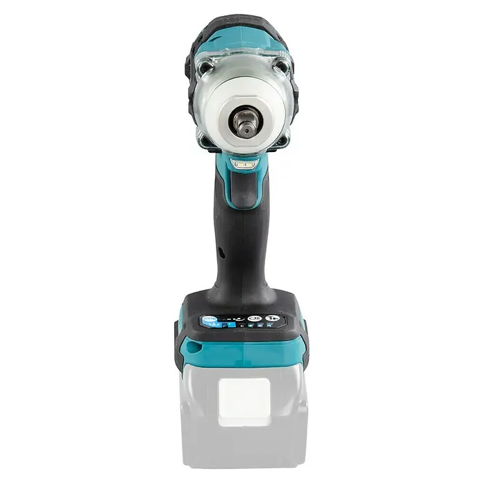 Makita LXT 18V Akku-Schlagschrauber DTW302Z - 18 V, Ohne Akku, 300 Nm - Akku-Schlagschrauber in Nahaufnahme. Werkzeug mit Akku, schwarzem Griff und silbernem Kopf mit LED-Beleuchtung für präzises Arbeiten.