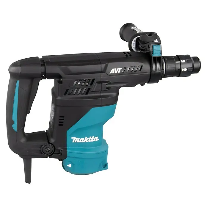 Makita Martillo combinado HR3012FCJ - 1.050 W, 3,9 J, Alojamiento SDS-Plus - Primer plano de un martillo demoledor Makita AVT, ideal para trabajos de construcción pesados.