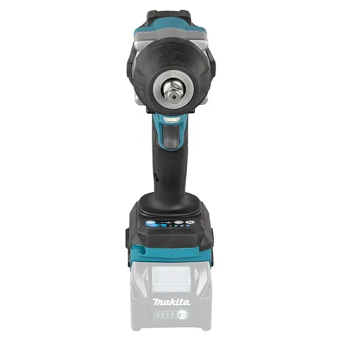 Makita XGT 40V max. Akku-Schlagschrauber TW007GZ - 40 V, 760 Nm - Nahaufnahme eines Makita Akku-Schlagschraubers mit LED-Beleuchtung und Bedienelementen.