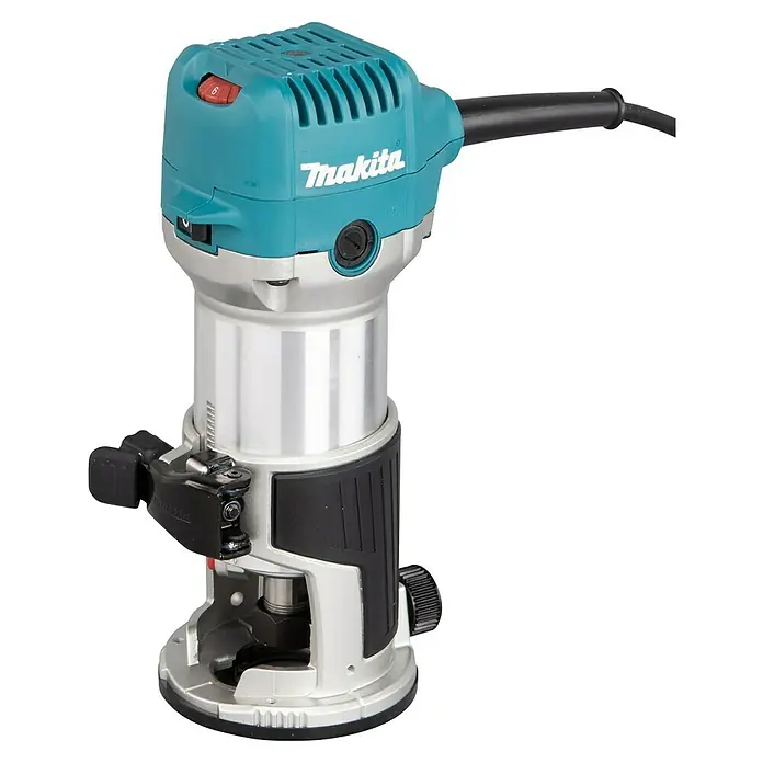 Makita Fresadora eléctrica RT0702CX2J - 710 W, 10.000 r.p.m. - 34.000 r.p.m., Diámetro del portaherramientas: 6 mm - 8 mm - Primer plano de una fresadora vertical Makita en color turquesa y plata. La herramienta eléctrica para la carpintería se muestra detalladamente.
