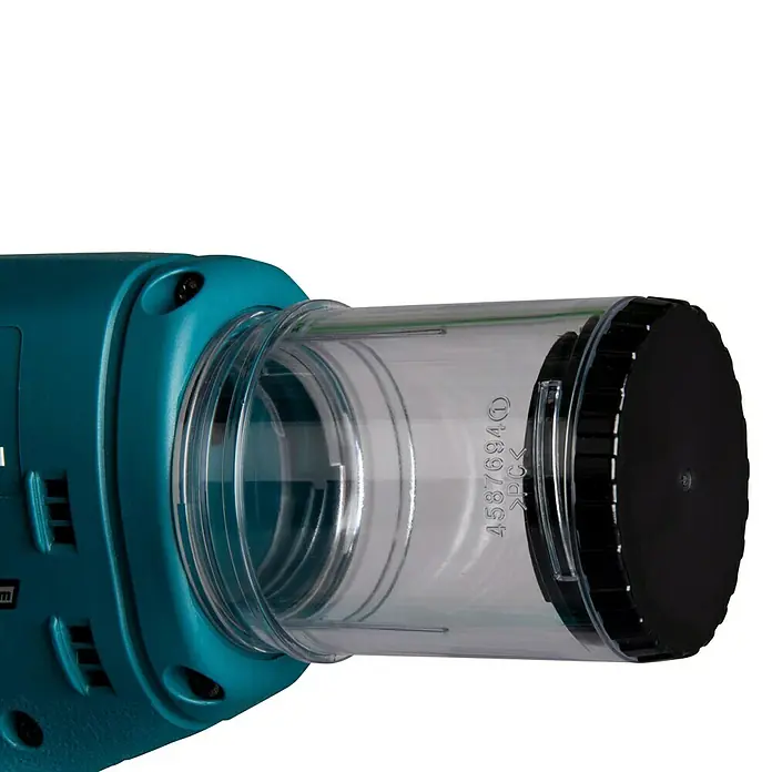 Makita LXT 18V Akku-Blindnietpistole DRV250Z - Li-Ionen, Ohne Akku, Hubhöhe: 30 mm - Nahaufnahme eines türkisfarbenen Makita-Werkzeugs mit transparentem Staubbehälter und schwarzem Deckel.