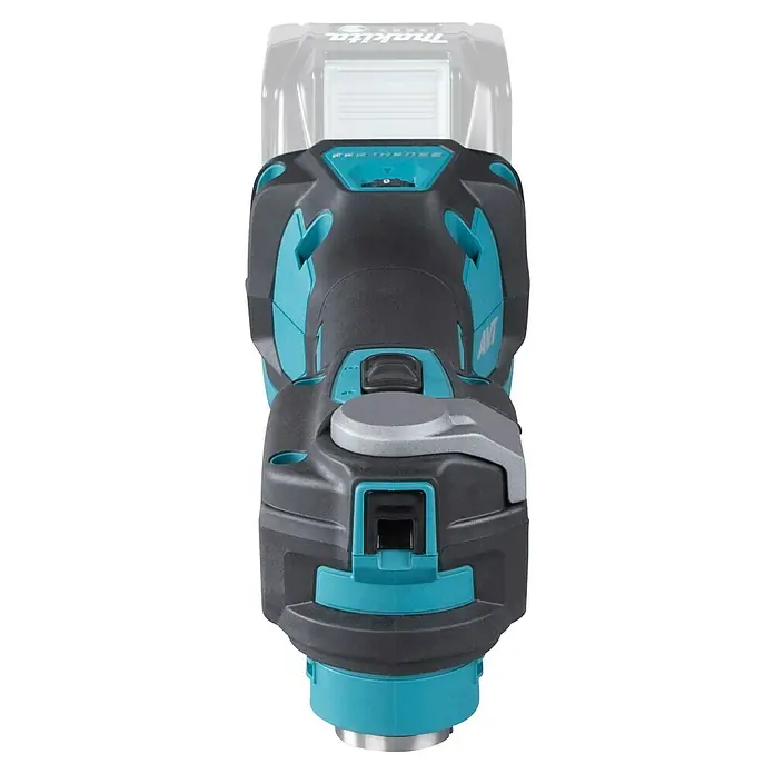Makita XGT 40V max. Akku-Multifunktionswerkzeug ‎TM001GZ - 40 V, Ohne Akku - Nahaufnahme eines Makita-Elektrowerkzeugs mit blaugrünen Akzenten, das ein robustes und ergonomisches Design zeigt.